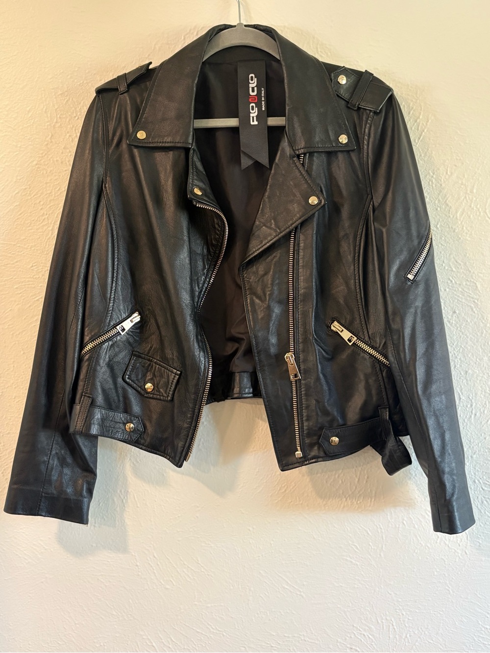 FIOUCO Italian Genuine Leather Moto Biker Jacket Black IT 48 Fits M